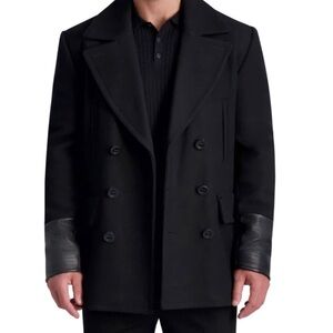 Men's Black Peacoat with Leather Accents